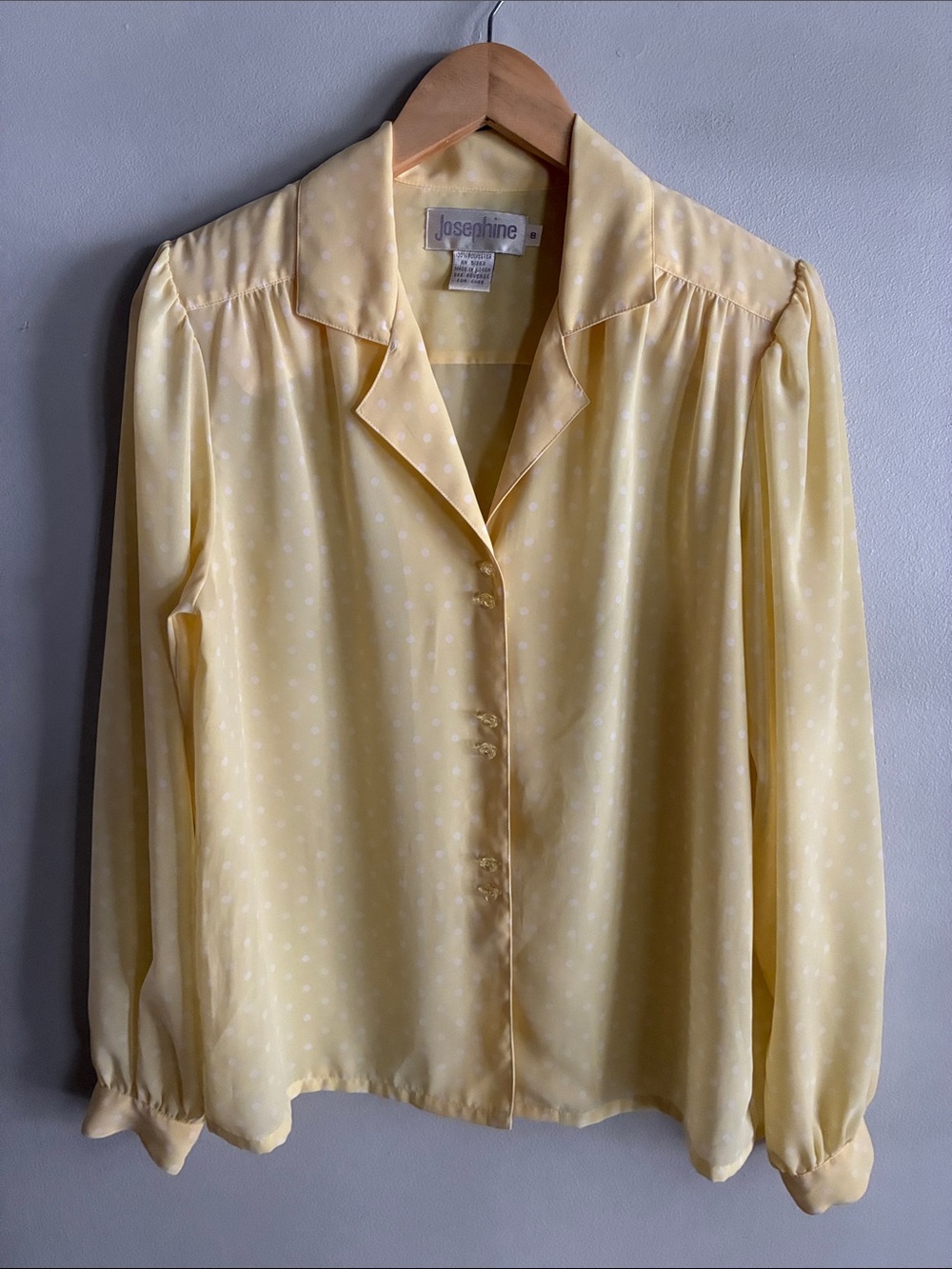 Vintage Josephine Yellow Polka Dot Blouse Size 8 Shoulder Pads Secretary Top